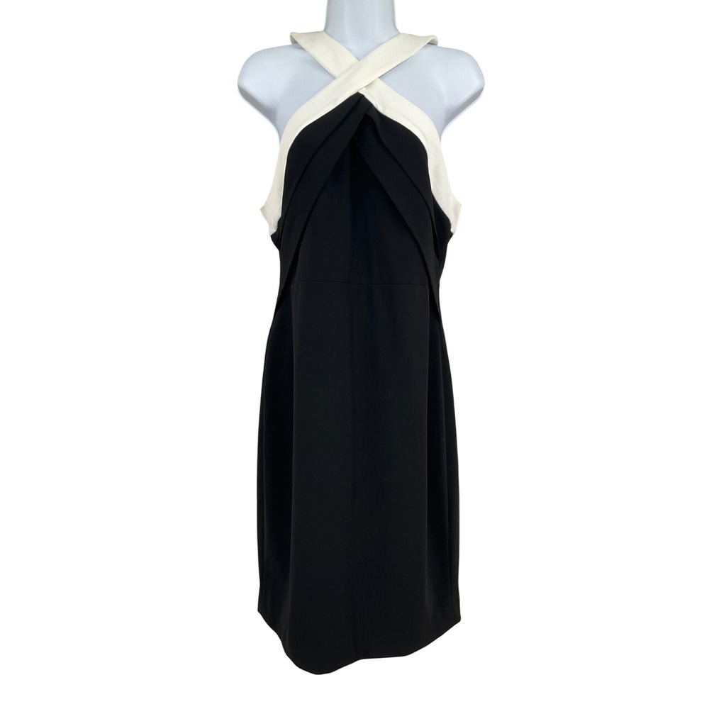 Calvin Klein Sheath Dress Womens 8 Black Cream Halter Colorblock Formal Cocktail
